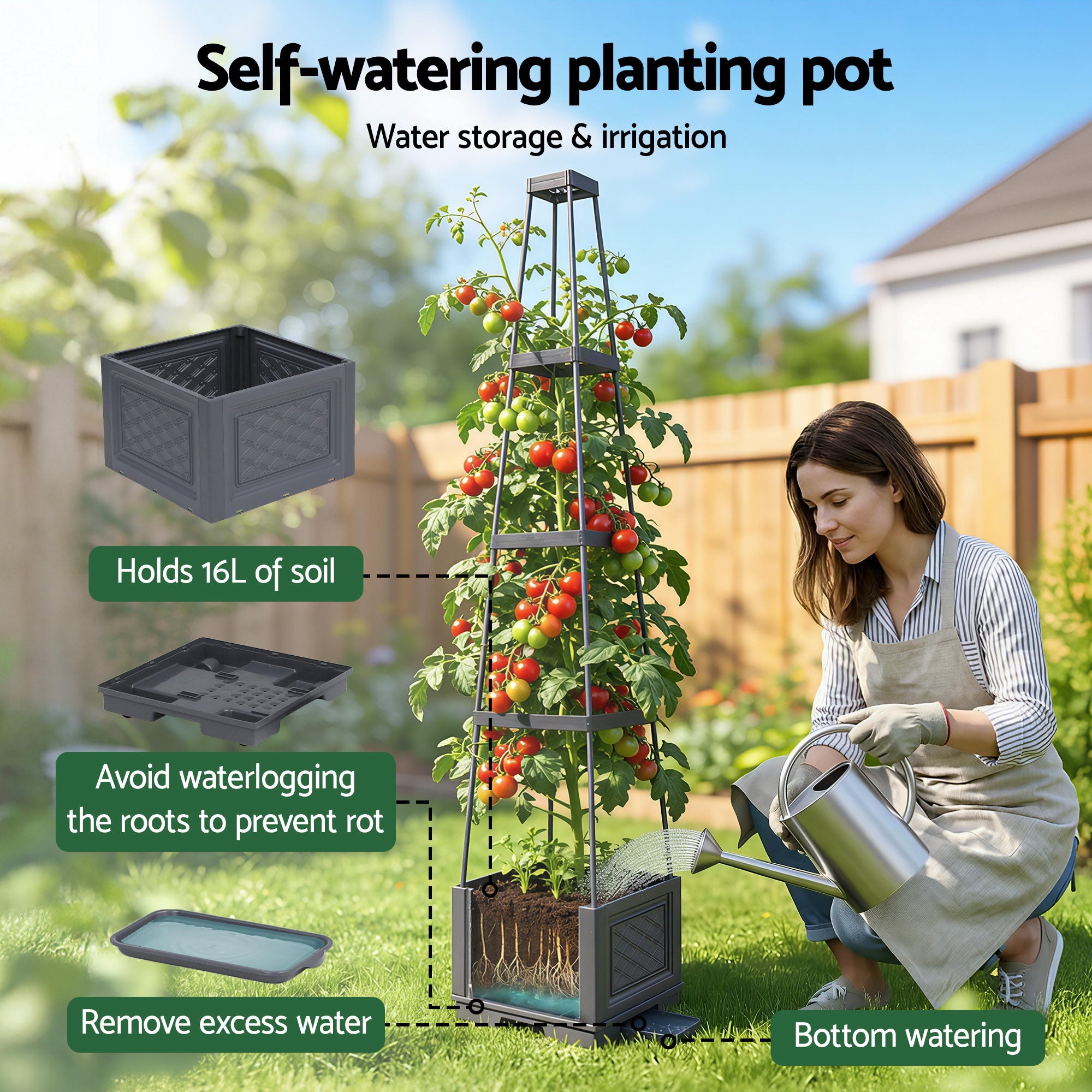Green Fingers Self Watering Planter with Trellis Adjustable Height Modular Tomato Box 4 Layer 140cm