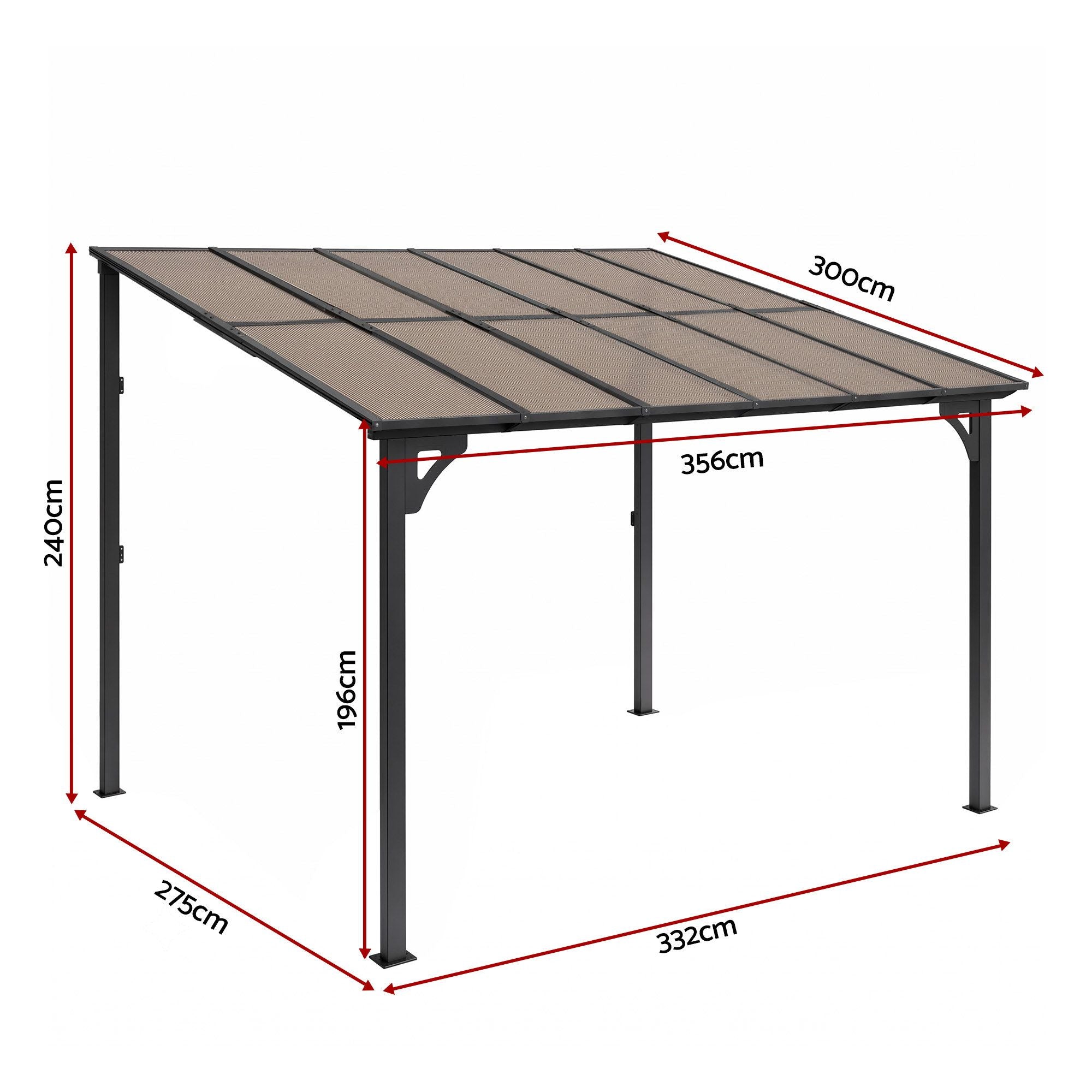Instahut Gazebo Lean-To Pergola Garden Patio Polycarbonate 356cm X 275cm Brown