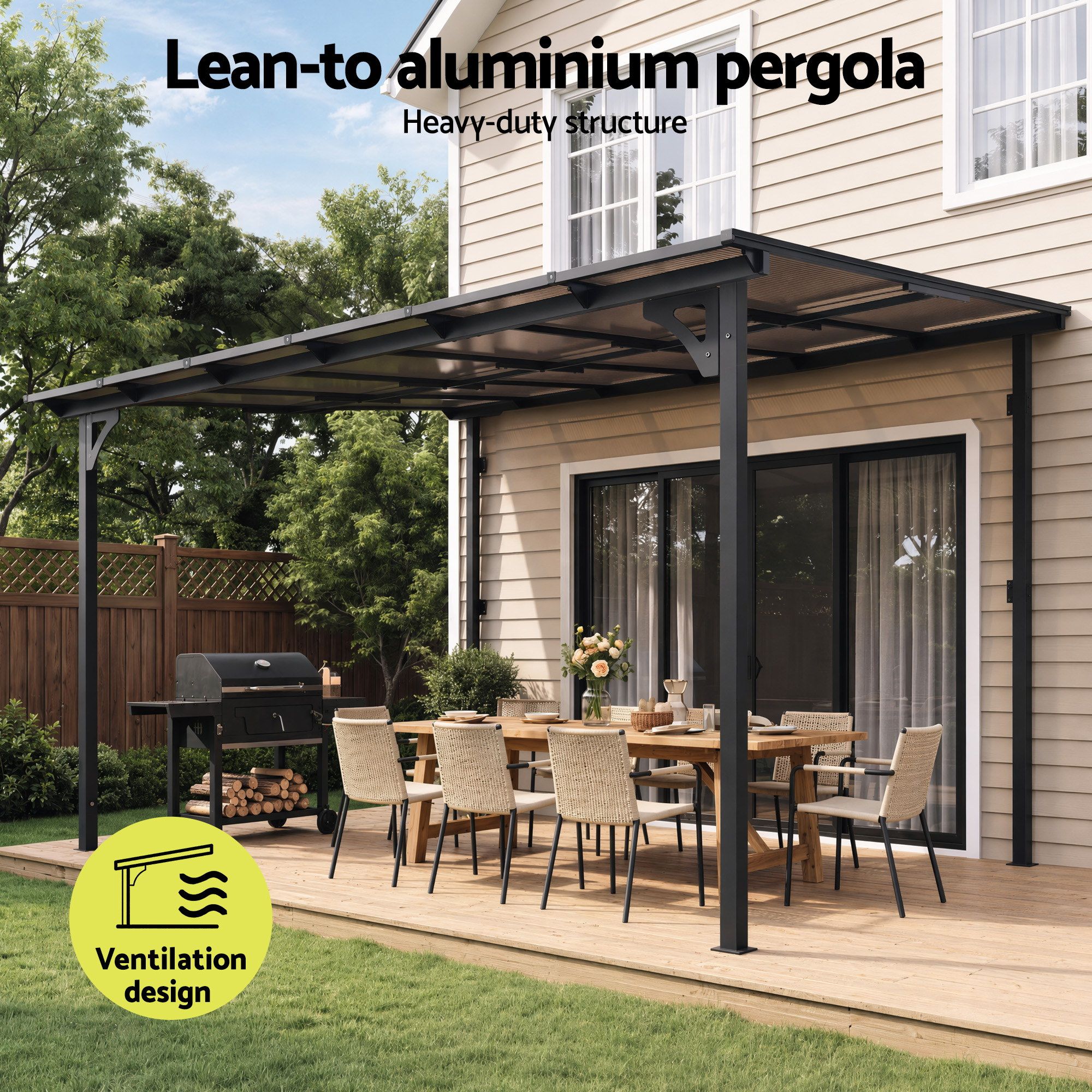 Instahut Gazebo Lean-To Pergola Garden Patio Polycarbonate 356cm X 275cm Brown