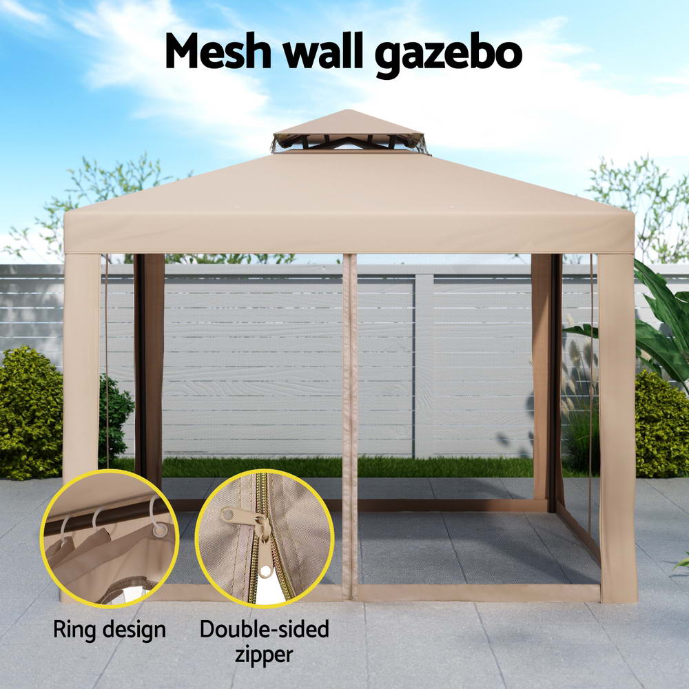 Canopies & Gazebos: Instahut Gazebo Marquee 3m Outdoor Event Tent Camping Party Mesh Wall Canopy Brown