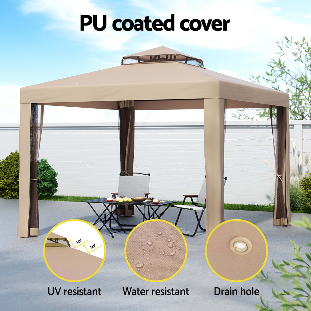 Canopies & Gazebos: Instahut Gazebo Marquee 3m Outdoor Event Tent Camping Party Mesh Wall Canopy Brown