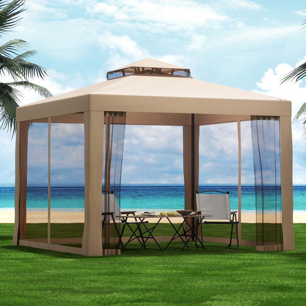 Canopies & Gazebos: Instahut Gazebo Marquee 3m Outdoor Event Tent Camping Party Mesh Wall Canopy Brown