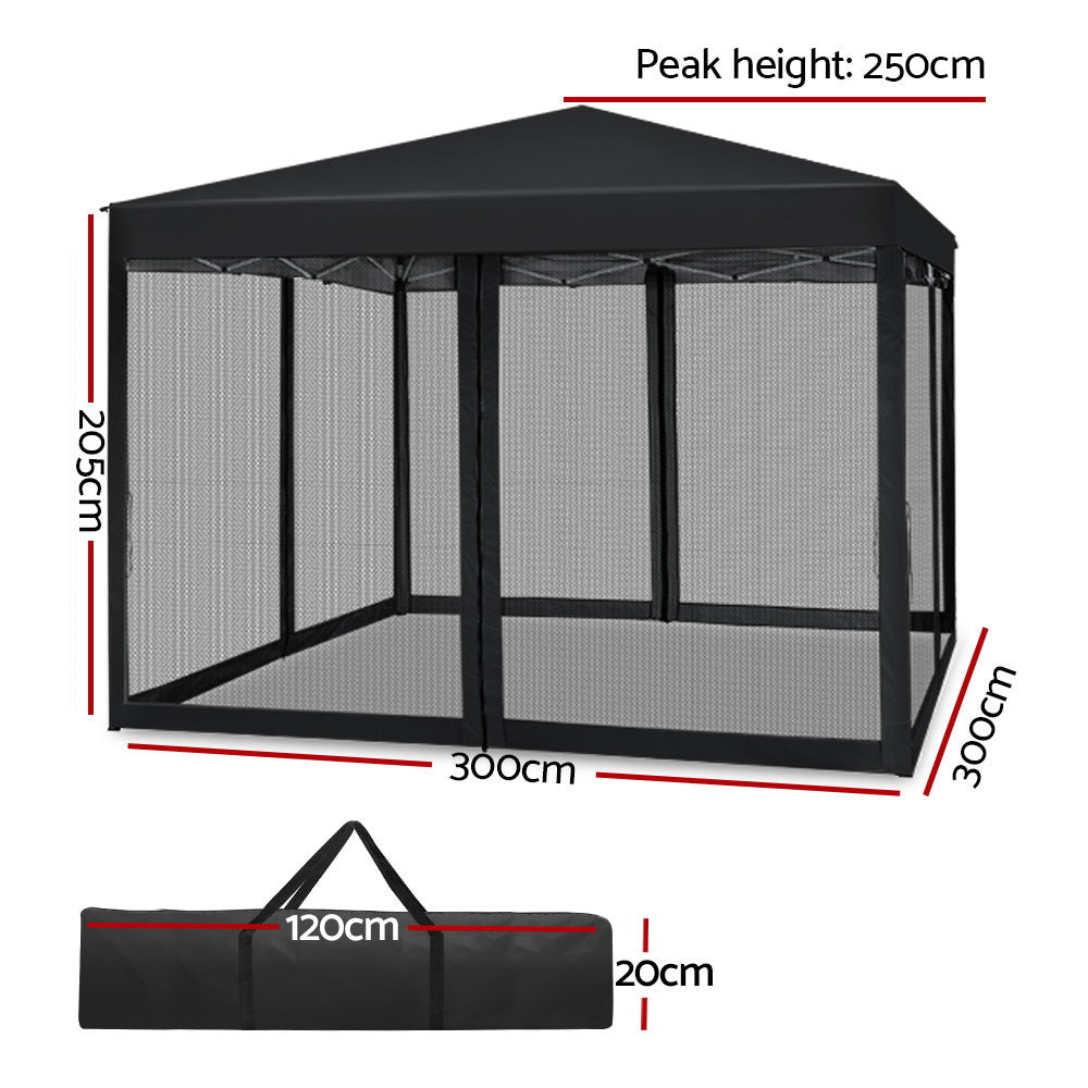 Canopies & Gazebos: Instahut Gazebo Pop Up Marquee 3x3m Wedding Party Outdoor Camping Tent Canopy Shade Mesh Wall Black
