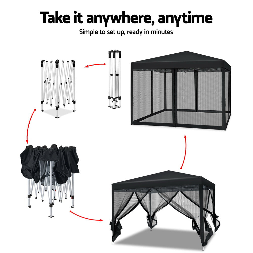 Canopies & Gazebos: Instahut Gazebo Pop Up Marquee 3x3m Wedding Party Outdoor Camping Tent Canopy Shade Mesh Wall Black