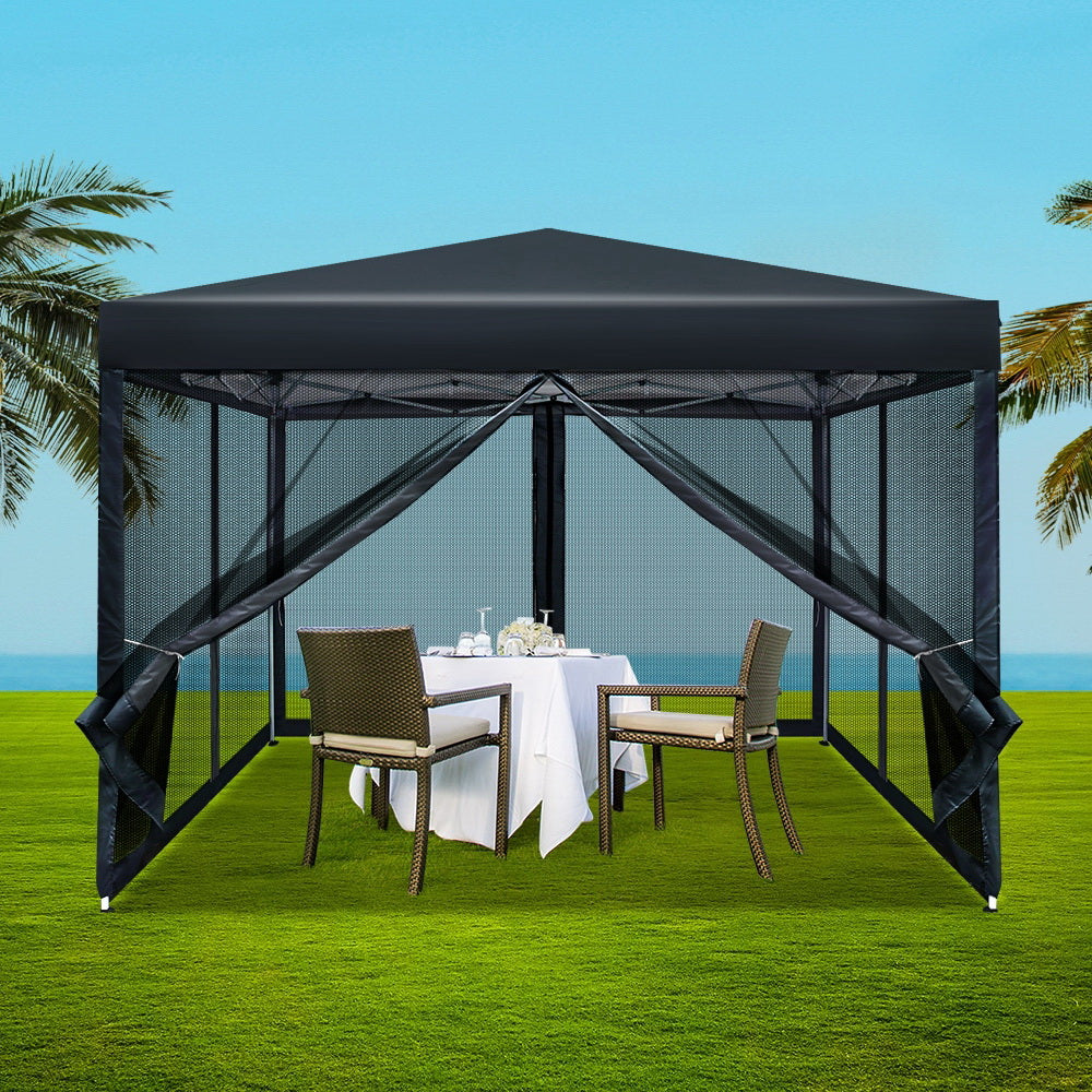 Canopies & Gazebos: Instahut Gazebo Pop Up Marquee 3x3m Wedding Party Outdoor Camping Tent Canopy Shade Mesh Wall Black