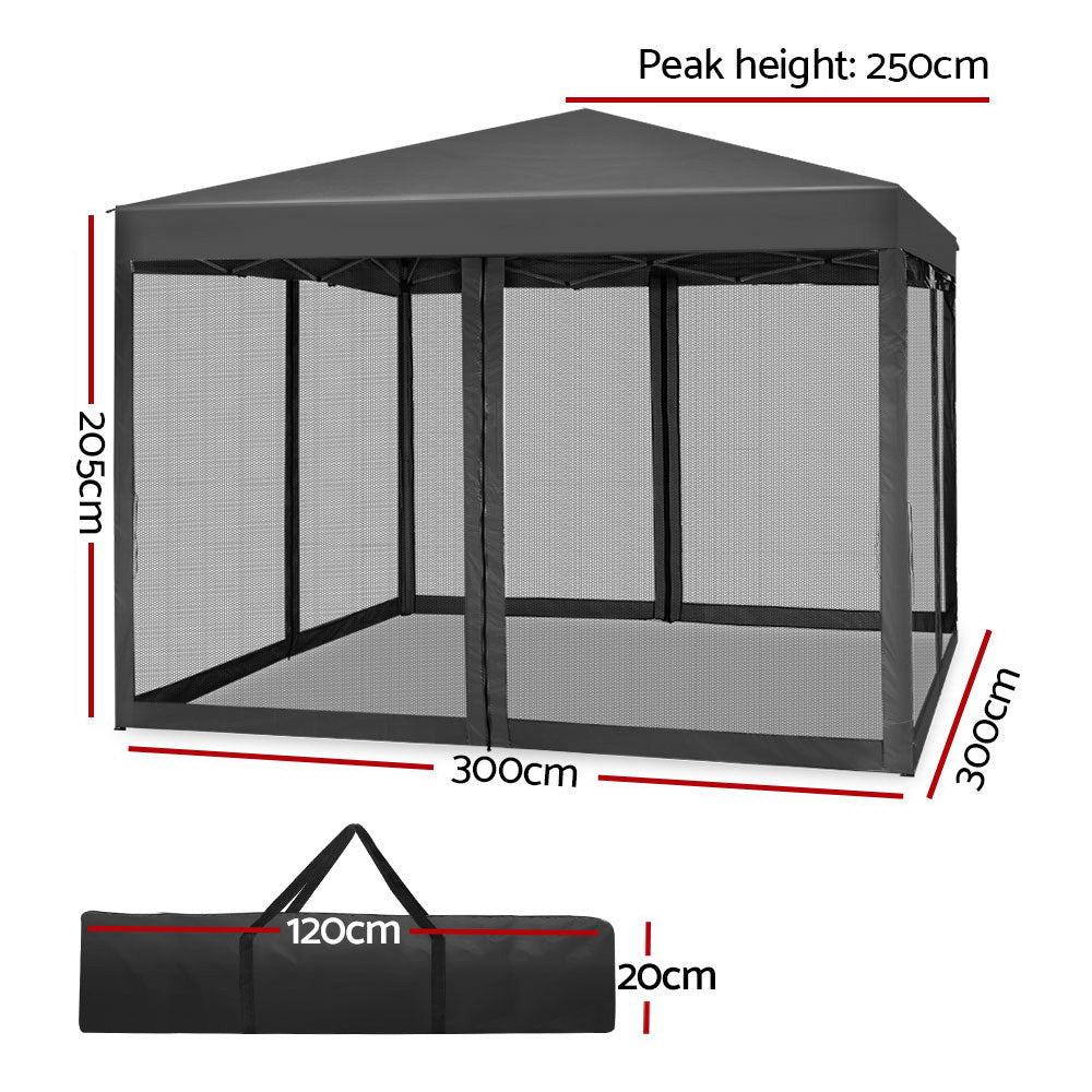 Canopies & Gazebos: Instahut Gazebo Pop Up Marquee 3x3m Wedding Party Outdoor Camping Tent Canopy Shade Mesh Wall Grey