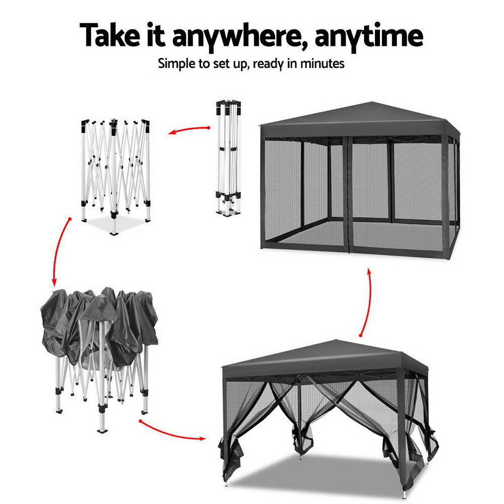 Canopies & Gazebos: Instahut Gazebo Pop Up Marquee 3x3m Wedding Party Outdoor Camping Tent Canopy Shade Mesh Wall Grey