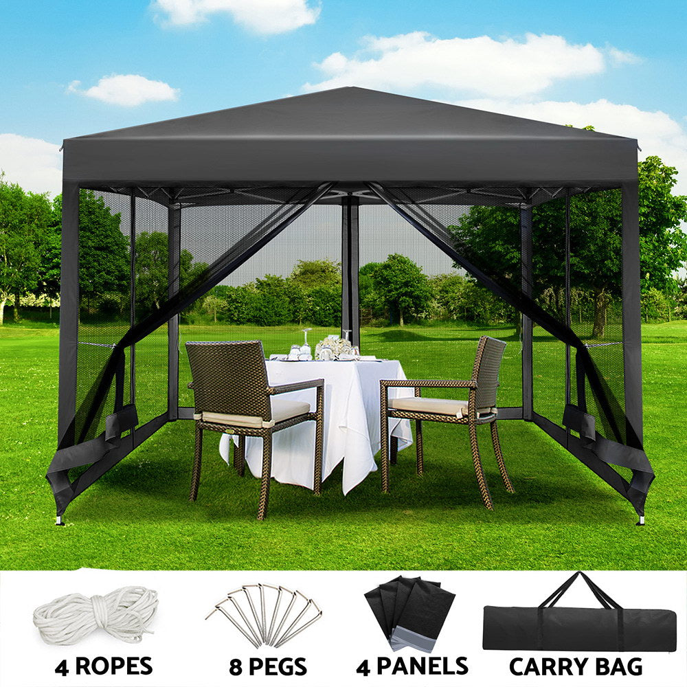 Canopies & Gazebos: Instahut Gazebo Pop Up Marquee 3x3m Wedding Party Outdoor Camping Tent Canopy Shade Mesh Wall Grey
