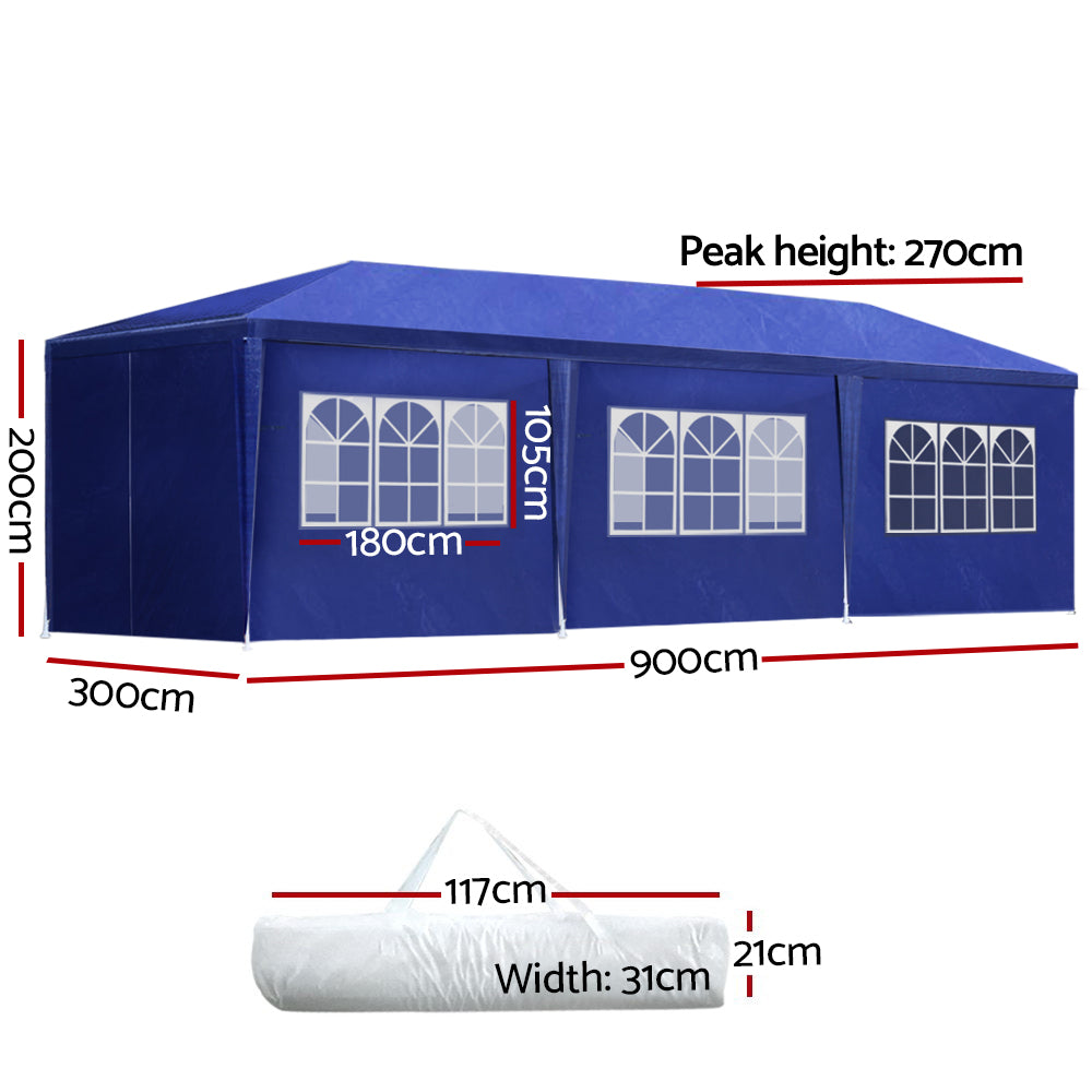 Canopies & Gazebos: Instahut Gazebo 3x9m Marquee Wedding Party Tent Outdoor Camping Side Wall Canopy 8 Panel Blue