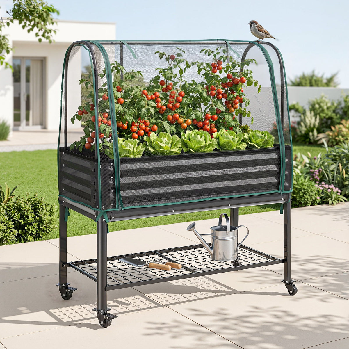 Green Fingers Mobile Raised Garden Bed with Net Cover Storage Shelf for Tomato Vegetables Herb Charcoal