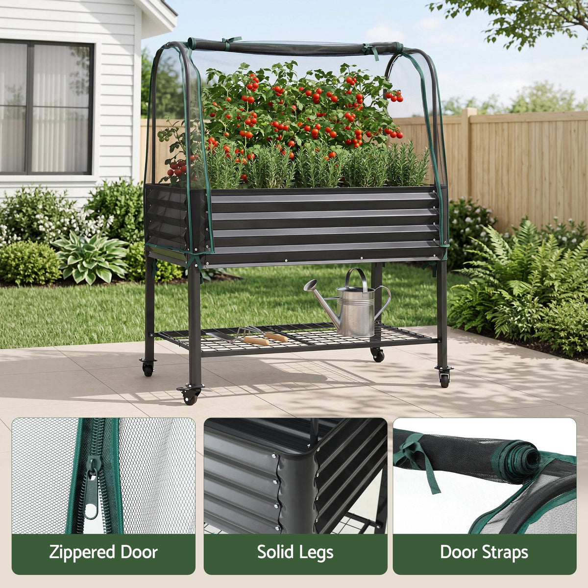 Green Fingers Mobile Raised Garden Bed with Net Cover Storage Shelf for Tomato Vegetables Herb Charcoal