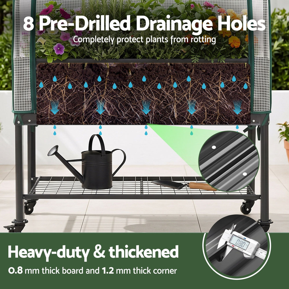 Green Fingers Mobile Raised Garden Bed with Greenhouse Cover Storage Shelf for Tomato Vegetables Herb Charcoal