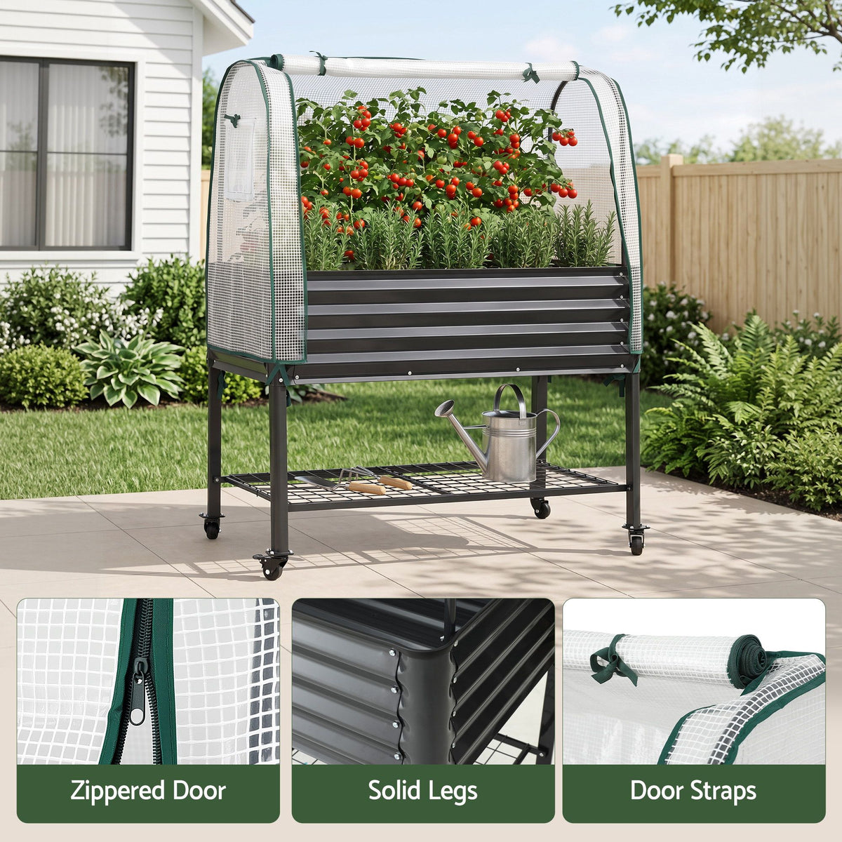 Green Fingers Mobile Raised Garden Bed with Greenhouse Cover Storage Shelf for Tomato Vegetables Herb Charcoal