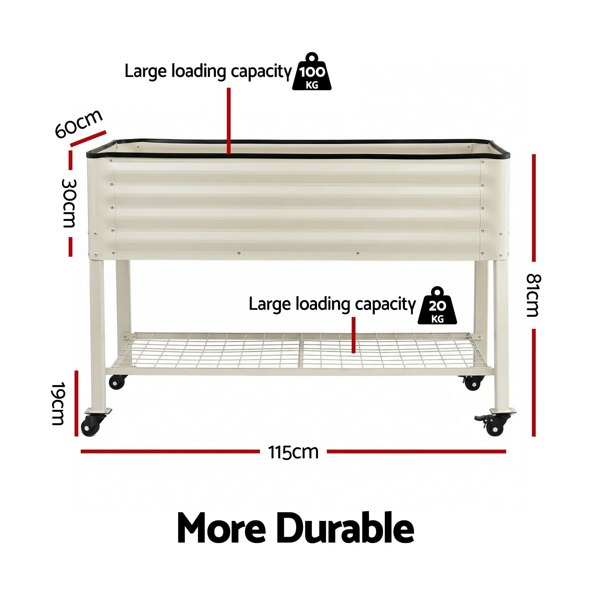 Green Fingers Mobile Raised Garden Bed With Wheels Storage Shelf 81cm Height for Vegetables Herb White