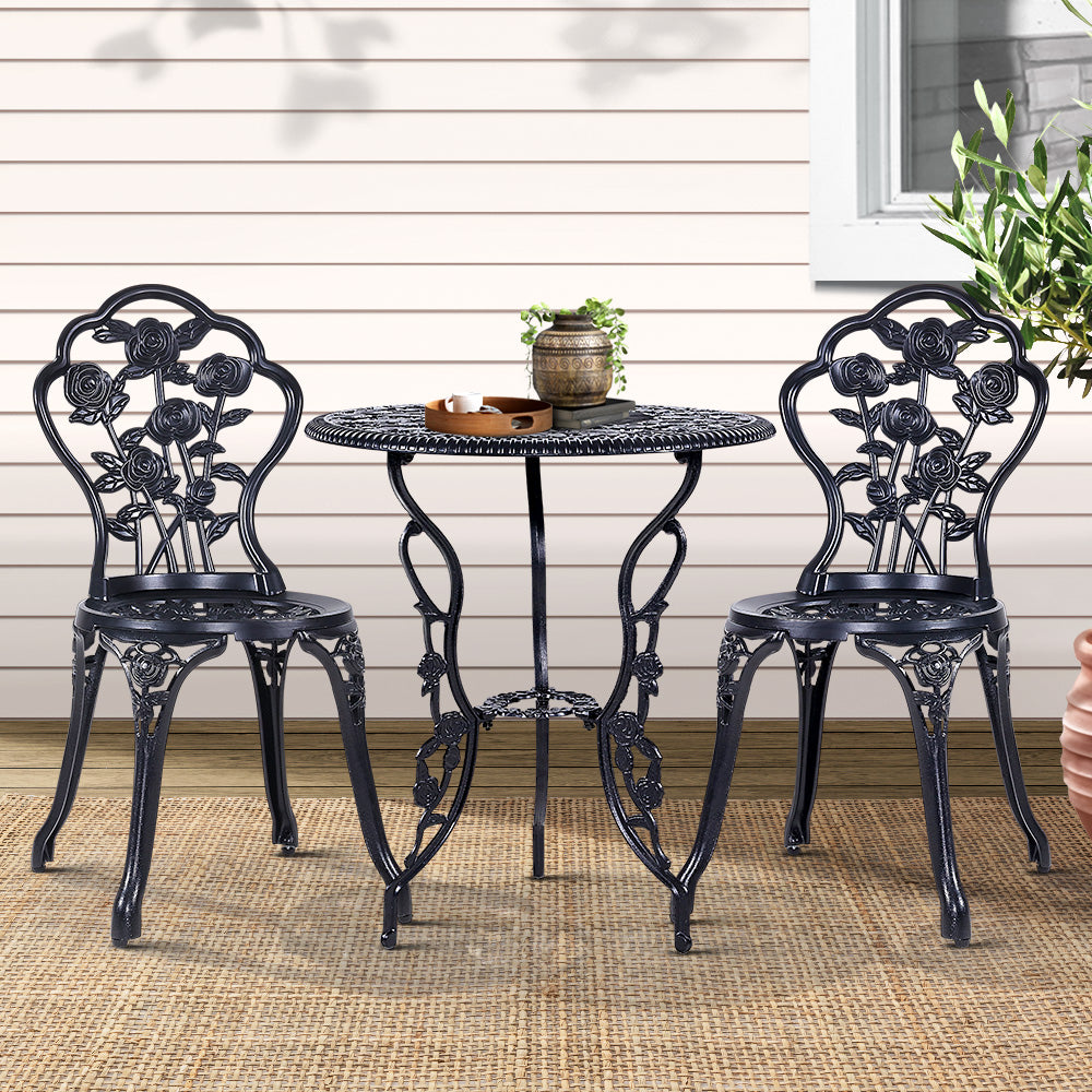 Outdoor Chairs: Gardeon 3PC Outdoor Setting Bistro Set Chairs Table Cast Aluminum Rose Black
