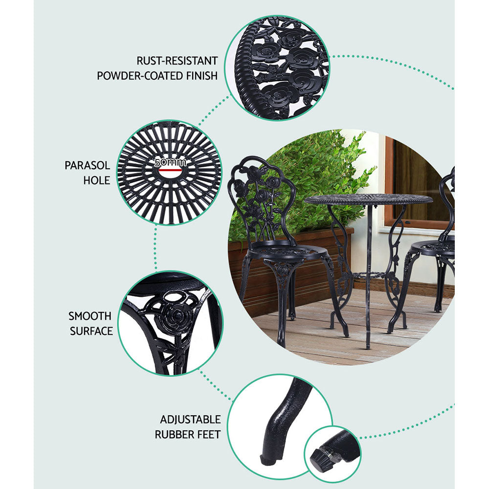 Outdoor Chairs: Gardeon 3PC Outdoor Setting Bistro Set Chairs Table Cast Aluminum Rose Black
