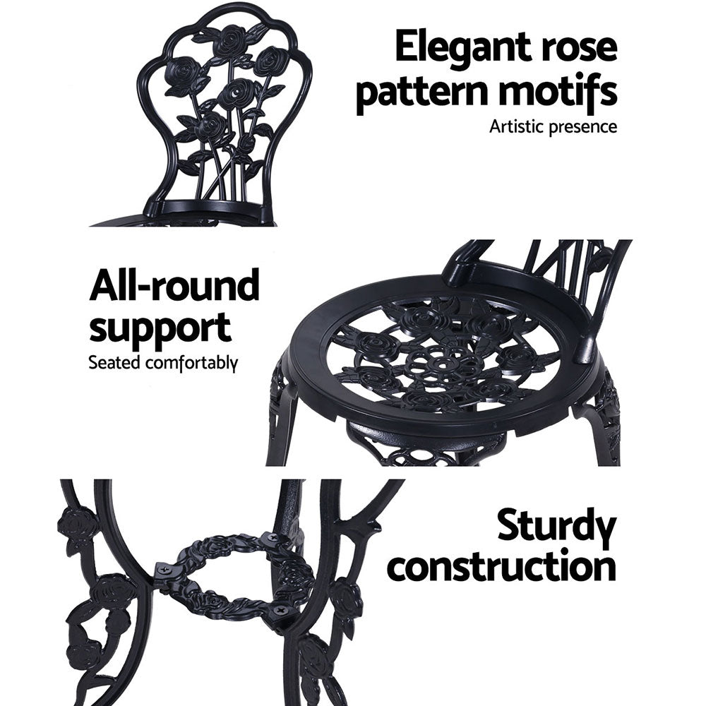 Outdoor Chairs: Gardeon 3PC Outdoor Setting Bistro Set Chairs Table Cast Aluminum Rose Black