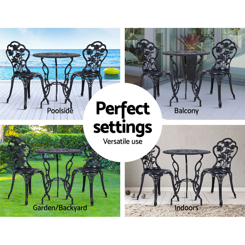 Outdoor Chairs: Gardeon 3PC Outdoor Setting Bistro Set Chairs Table Cast Aluminum Rose Black