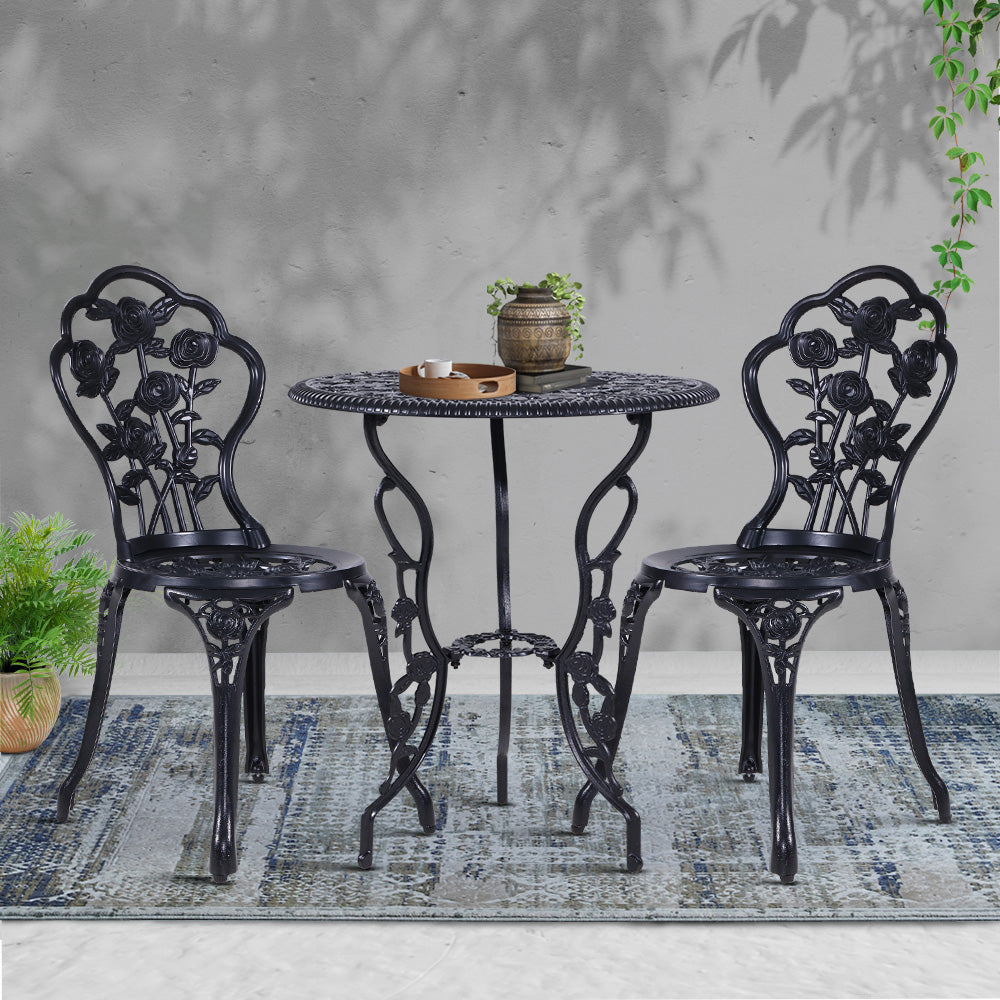 Outdoor Chairs: Gardeon 3PC Outdoor Setting Bistro Set Chairs Table Cast Aluminum Rose Black