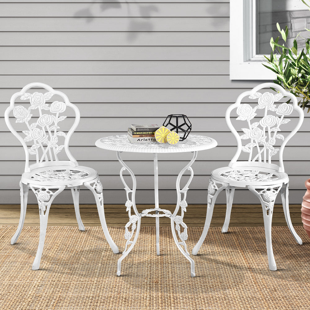 Outdoor Chairs: Gardeon 3PC Outdoor Setting Bistro Set Chairs Table Cast Aluminum Patio Furniture Rose White