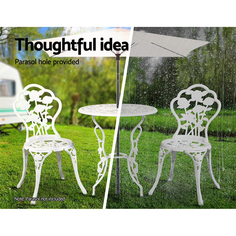 Outdoor Chairs: Gardeon 3PC Outdoor Setting Bistro Set Chairs Table Cast Aluminum Patio Furniture Rose White