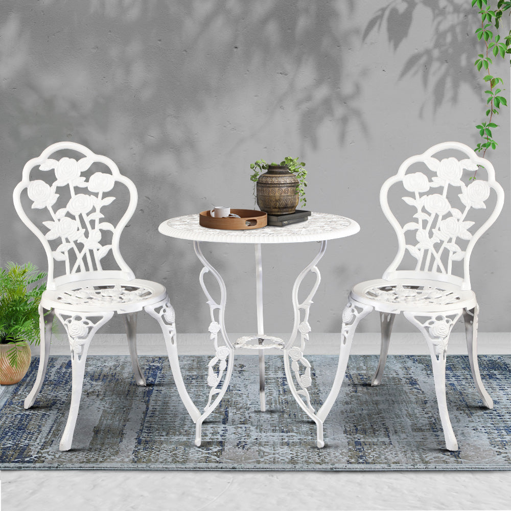 Outdoor Chairs: Gardeon 3PC Outdoor Setting Bistro Set Chairs Table Cast Aluminum Patio Furniture Rose White