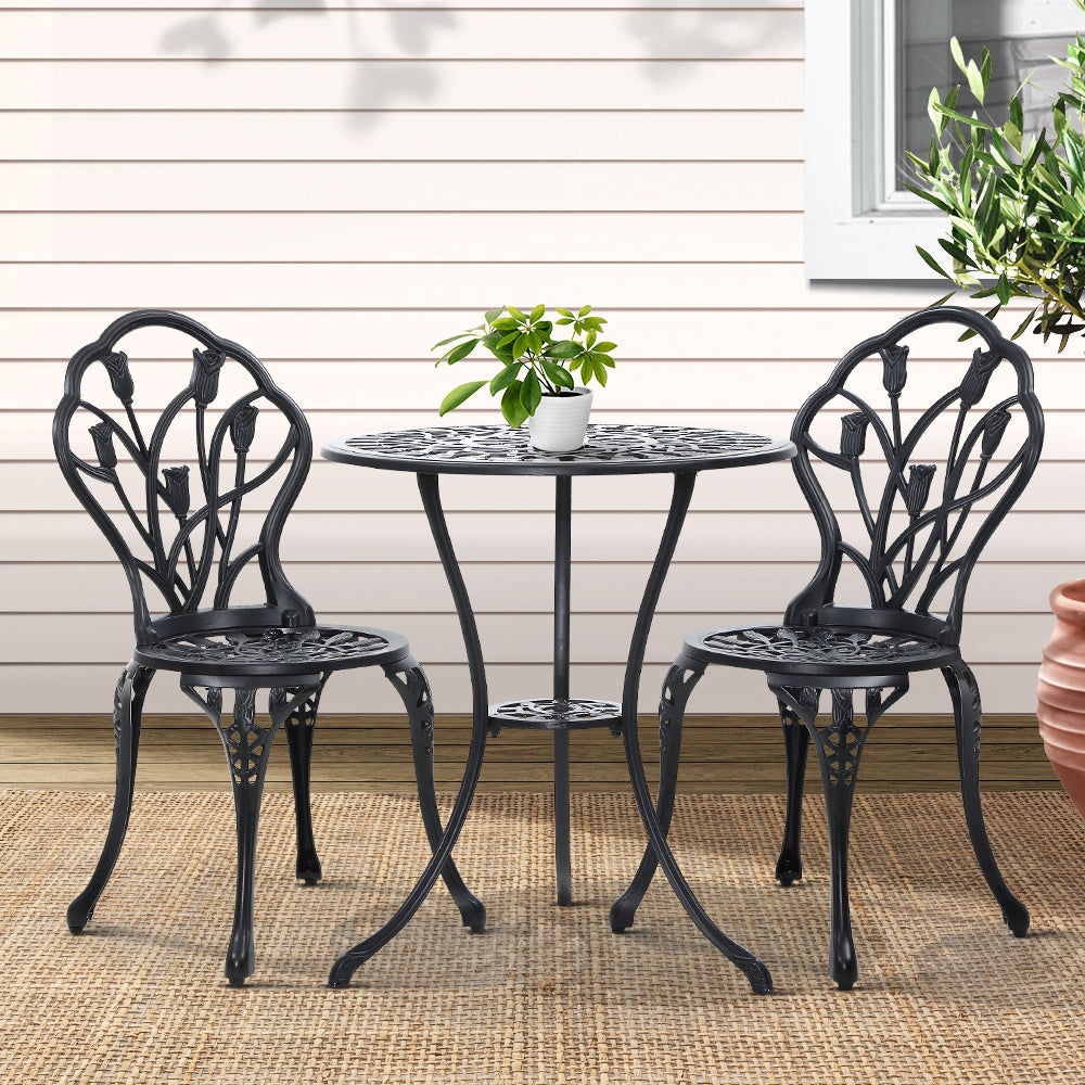 Outdoor Chairs: Gardeon 3PC Outdoor Setting Bistro Set Chairs Table Cast Aluminum Patio Furniture Tulip Black