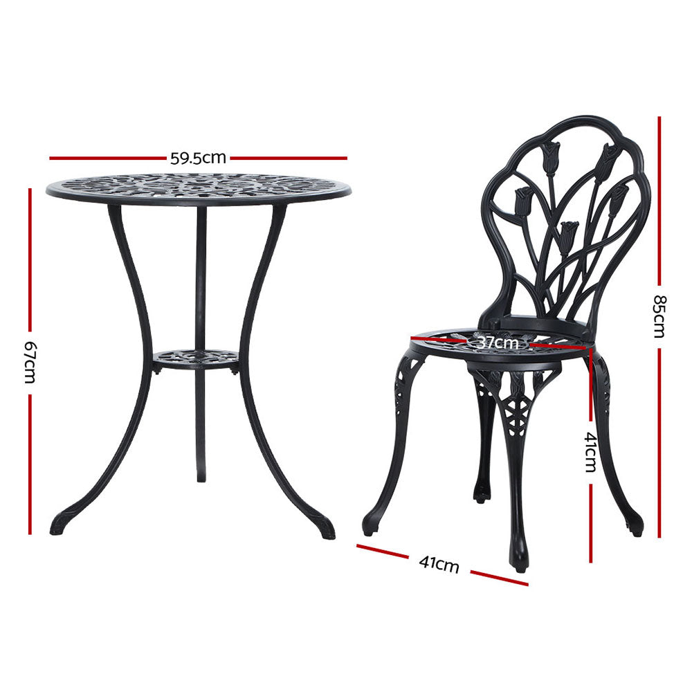 Outdoor Chairs: Gardeon 3PC Outdoor Setting Bistro Set Chairs Table Cast Aluminum Patio Furniture Tulip Black