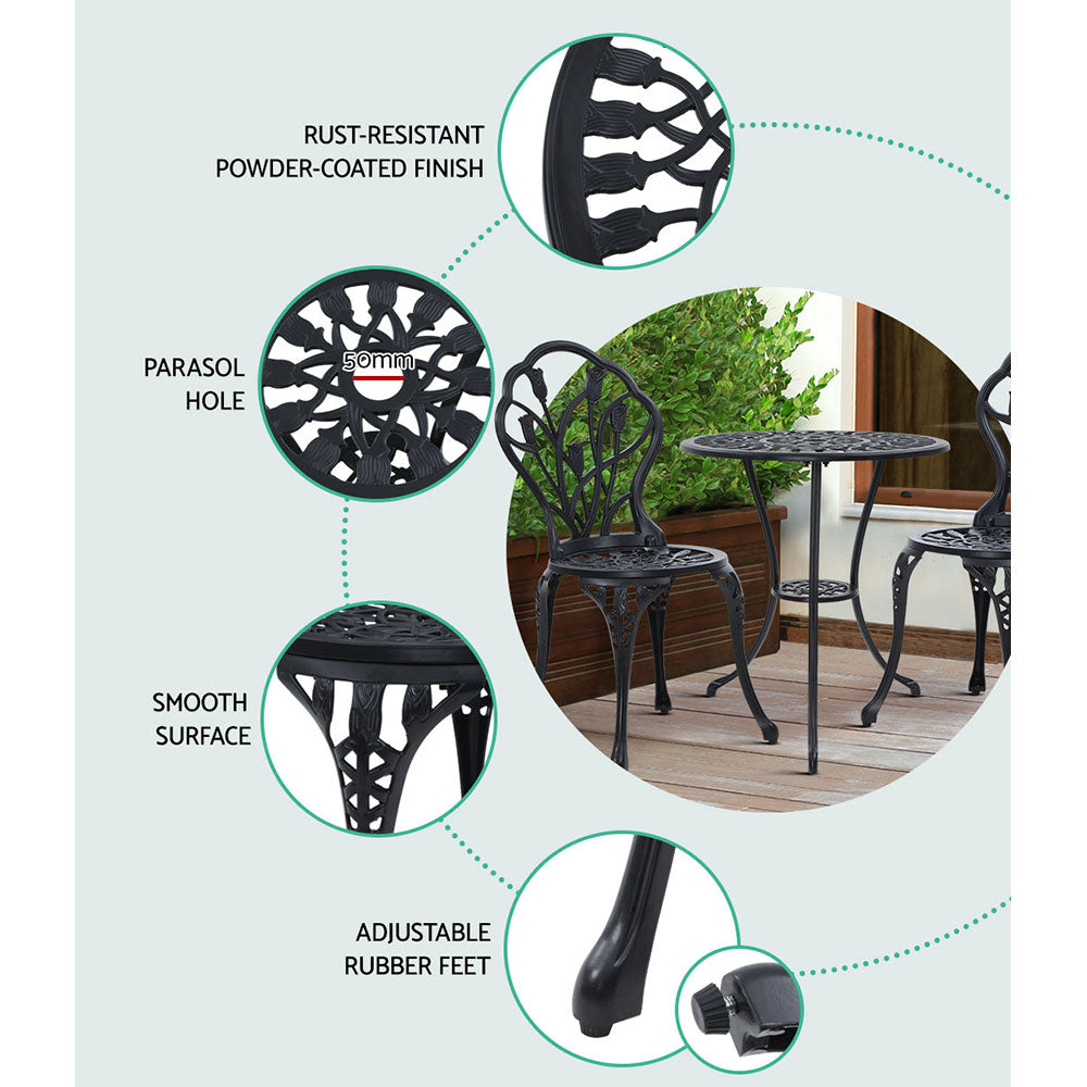 Outdoor Chairs: Gardeon 3PC Outdoor Setting Bistro Set Chairs Table Cast Aluminum Patio Furniture Tulip Black