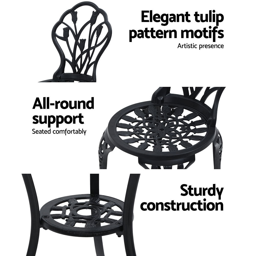 Outdoor Chairs: Gardeon 3PC Outdoor Setting Bistro Set Chairs Table Cast Aluminum Patio Furniture Tulip Black