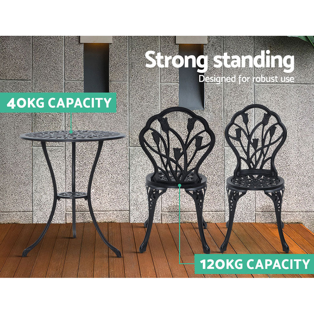 Outdoor Chairs: Gardeon 3PC Outdoor Setting Bistro Set Chairs Table Cast Aluminum Patio Furniture Tulip Black