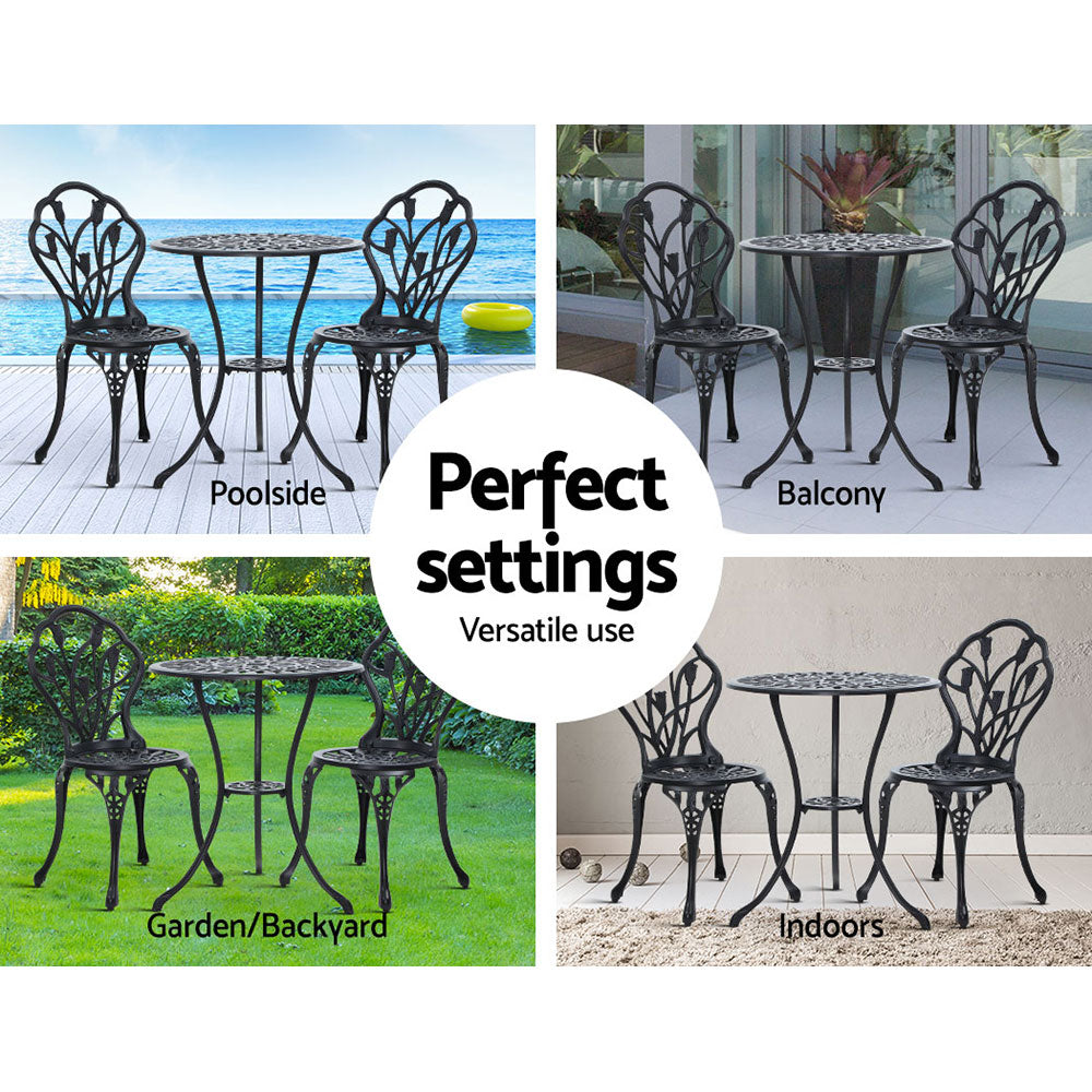 Outdoor Chairs: Gardeon 3PC Outdoor Setting Bistro Set Chairs Table Cast Aluminum Patio Furniture Tulip Black