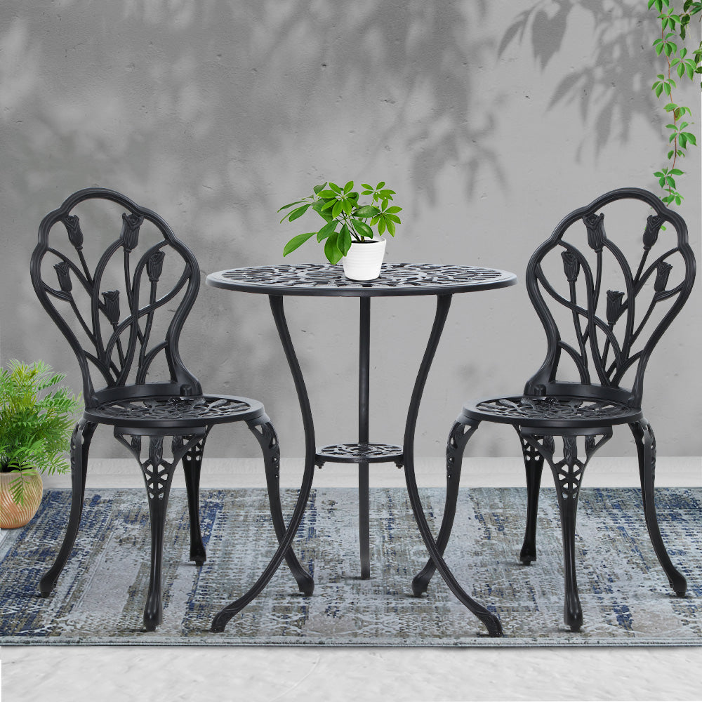 Outdoor Chairs: Gardeon 3PC Outdoor Setting Bistro Set Chairs Table Cast Aluminum Patio Furniture Tulip Black