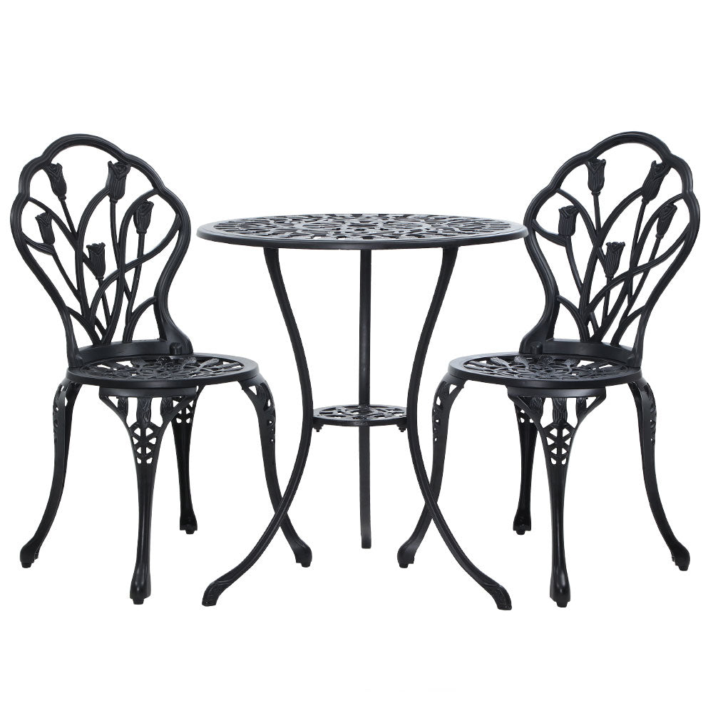 Outdoor Chairs: Gardeon 3PC Outdoor Setting Bistro Set Chairs Table Cast Aluminum Patio Furniture Tulip Black