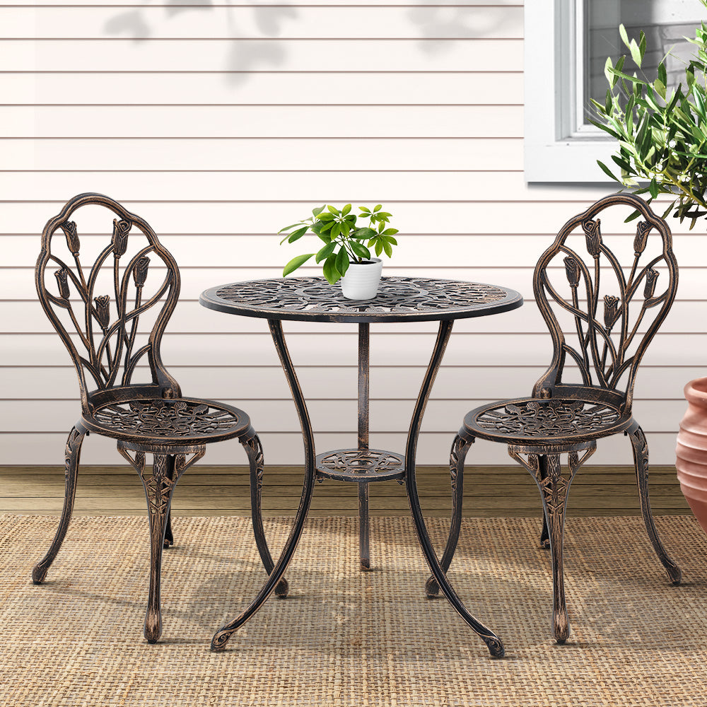 Outdoor Chairs: Gardeon 3PC Outdoor Setting Bistro Set Chairs Table Cast Aluminum Patio Furniture Tulip Bronze