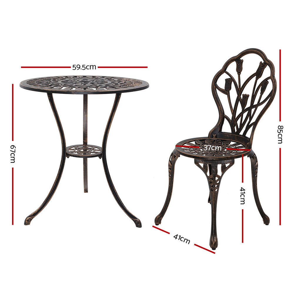 Outdoor Chairs: Gardeon 3PC Outdoor Setting Bistro Set Chairs Table Cast Aluminum Patio Furniture Tulip Bronze