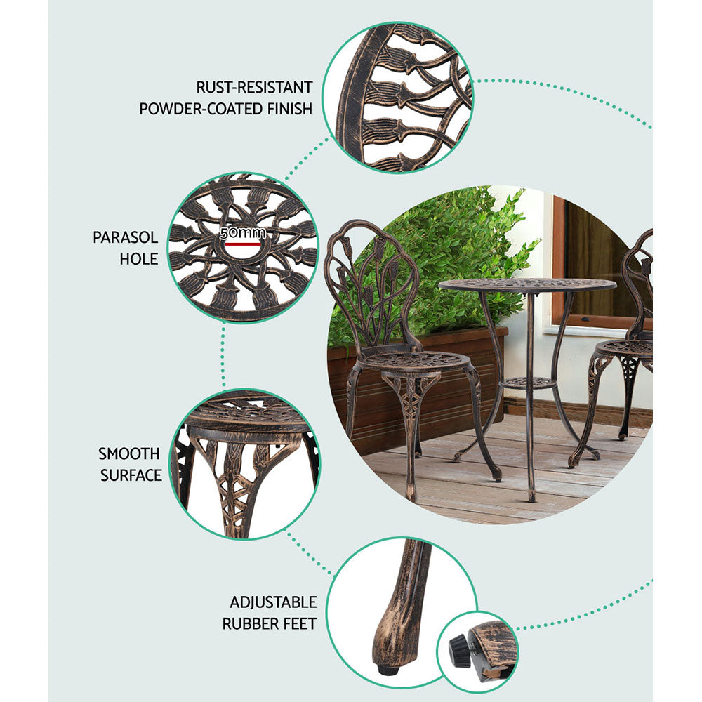 Outdoor Chairs: Gardeon 3PC Outdoor Setting Bistro Set Chairs Table Cast Aluminum Patio Furniture Tulip Bronze