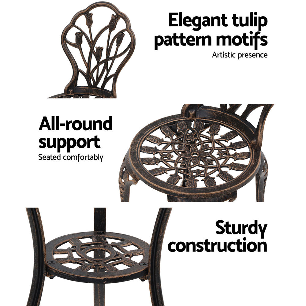 Outdoor Chairs: Gardeon 3PC Outdoor Setting Bistro Set Chairs Table Cast Aluminum Patio Furniture Tulip Bronze