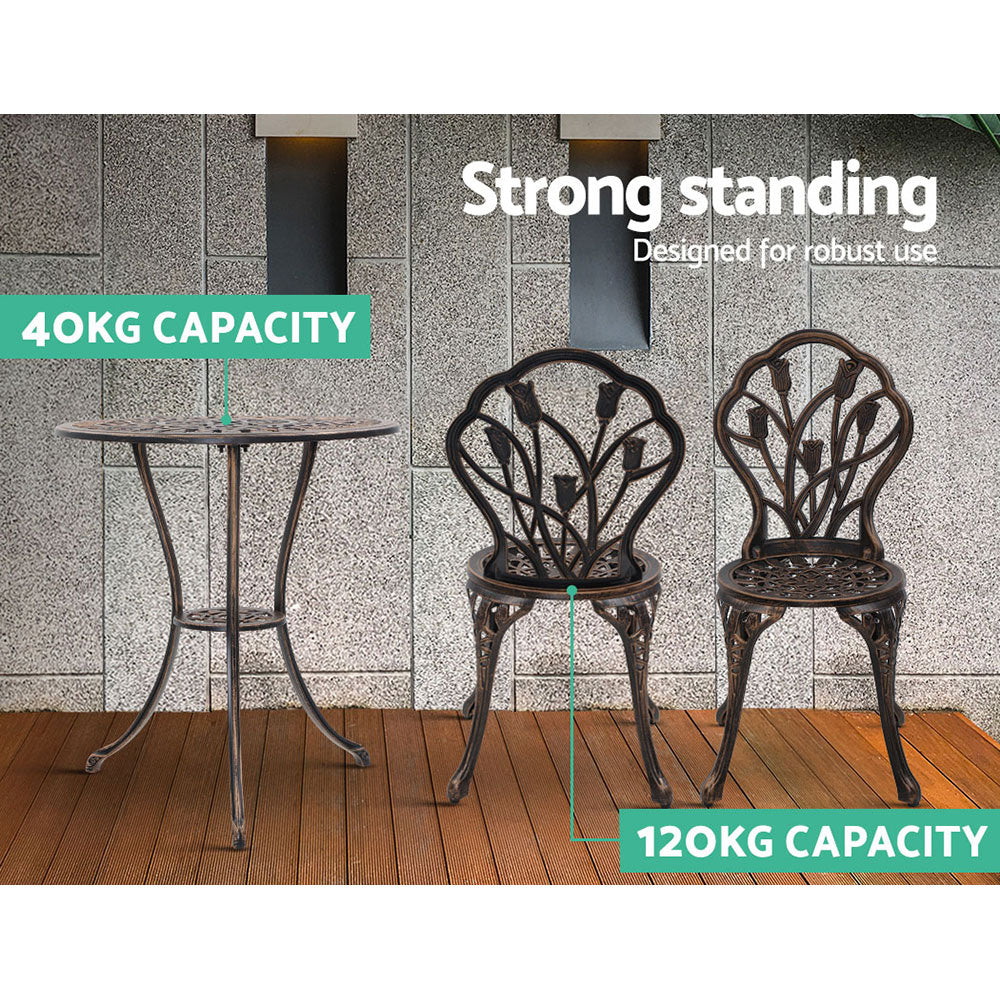 Outdoor Chairs: Gardeon 3PC Outdoor Setting Bistro Set Chairs Table Cast Aluminum Patio Furniture Tulip Bronze