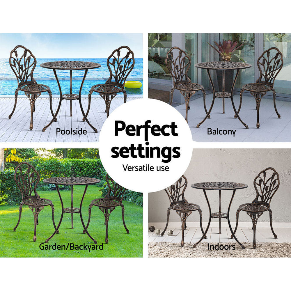 Outdoor Chairs: Gardeon 3PC Outdoor Setting Bistro Set Chairs Table Cast Aluminum Patio Furniture Tulip Bronze