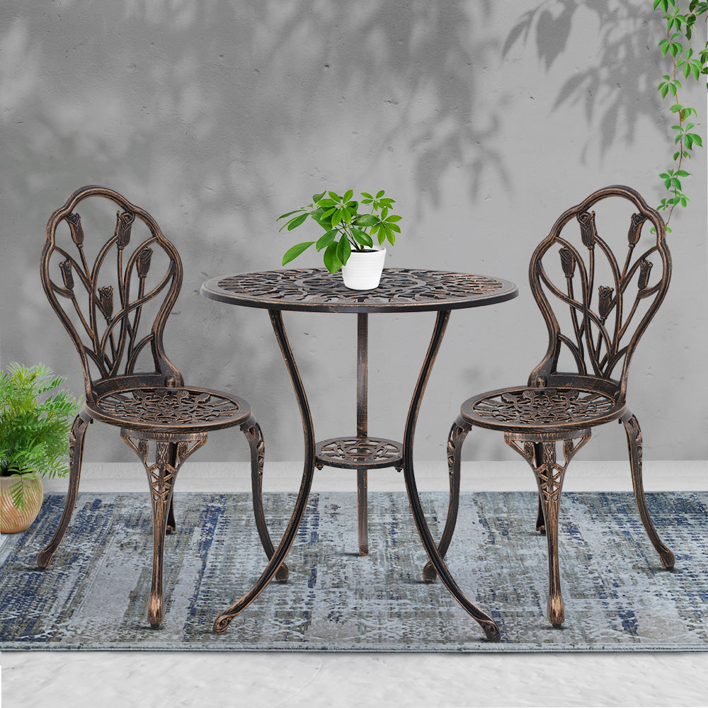 Outdoor Chairs: Gardeon 3PC Outdoor Setting Bistro Set Chairs Table Cast Aluminum Patio Furniture Tulip Bronze