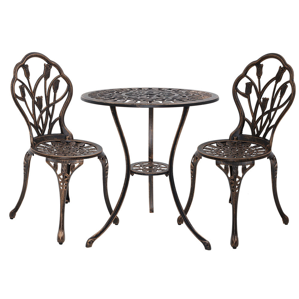 Outdoor Chairs: Gardeon 3PC Outdoor Setting Bistro Set Chairs Table Cast Aluminum Patio Furniture Tulip Bronze