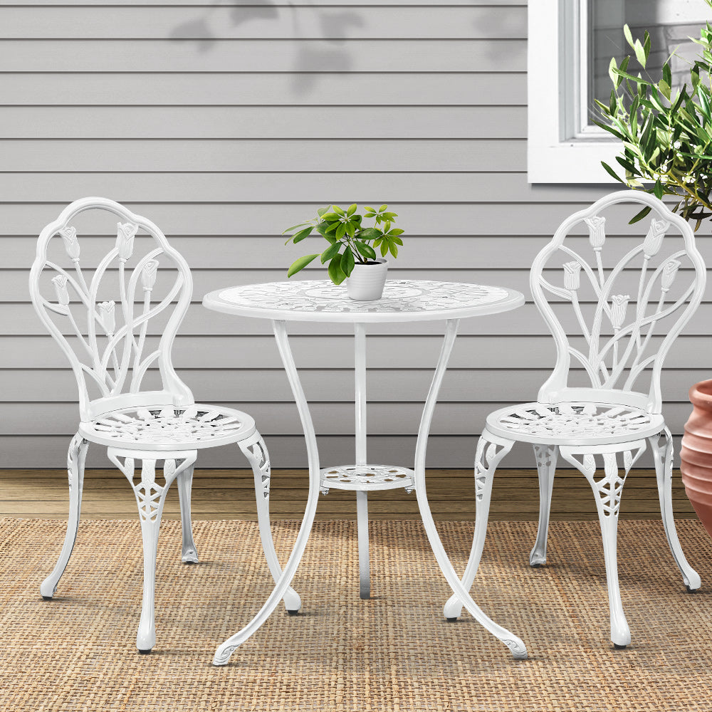 Outdoor Chairs: Gardeon 3PC Outdoor Setting Bistro Set Chairs Table Cast Aluminum Patio Furniture Tulip White