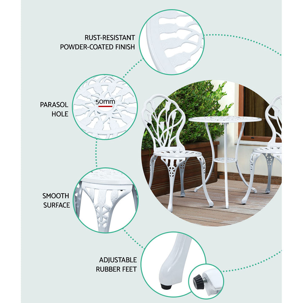 Outdoor Chairs: Gardeon 3PC Outdoor Setting Bistro Set Chairs Table Cast Aluminum Patio Furniture Tulip White