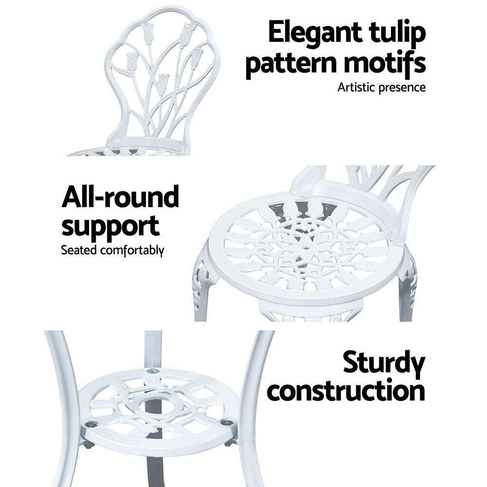 Outdoor Chairs: Gardeon 3PC Outdoor Setting Bistro Set Chairs Table Cast Aluminum Patio Furniture Tulip White