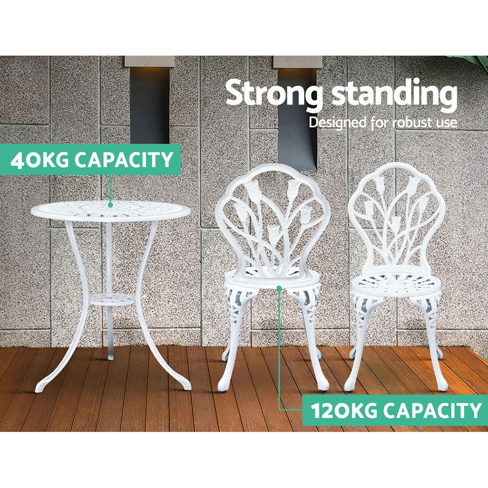Outdoor Chairs: Gardeon 3PC Outdoor Setting Bistro Set Chairs Table Cast Aluminum Patio Furniture Tulip White