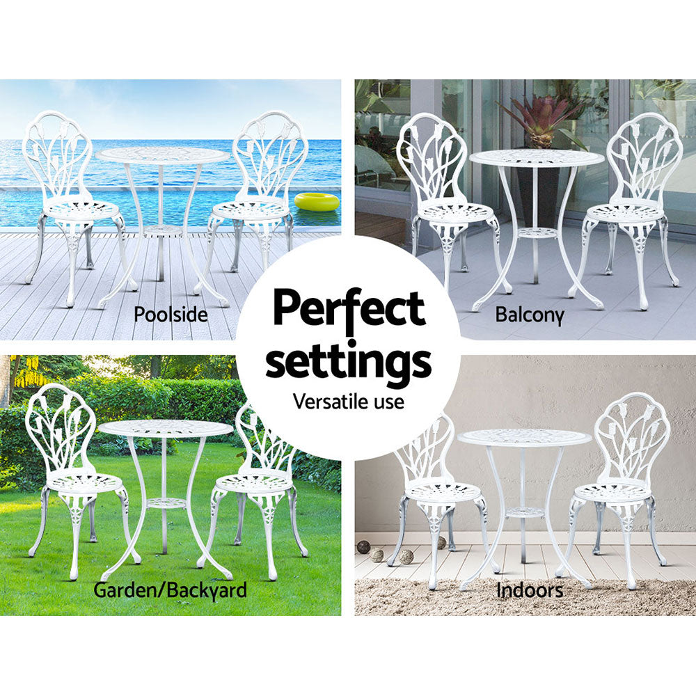 Outdoor Chairs: Gardeon 3PC Outdoor Setting Bistro Set Chairs Table Cast Aluminum Patio Furniture Tulip White