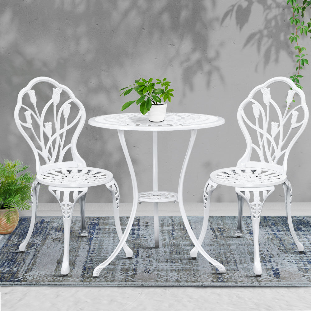 Outdoor Chairs: Gardeon 3PC Outdoor Setting Bistro Set Chairs Table Cast Aluminum Patio Furniture Tulip White