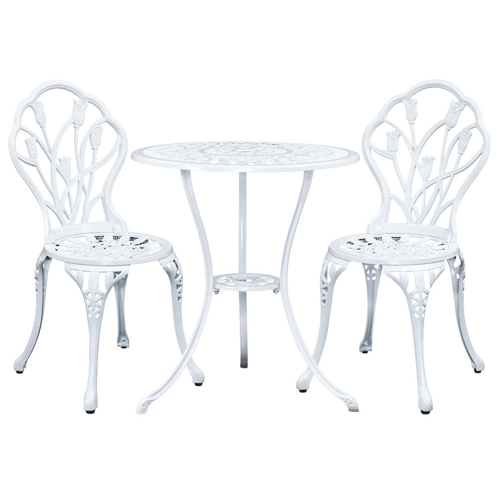 Outdoor Chairs: Gardeon 3PC Outdoor Setting Bistro Set Chairs Table Cast Aluminum Patio Furniture Tulip White