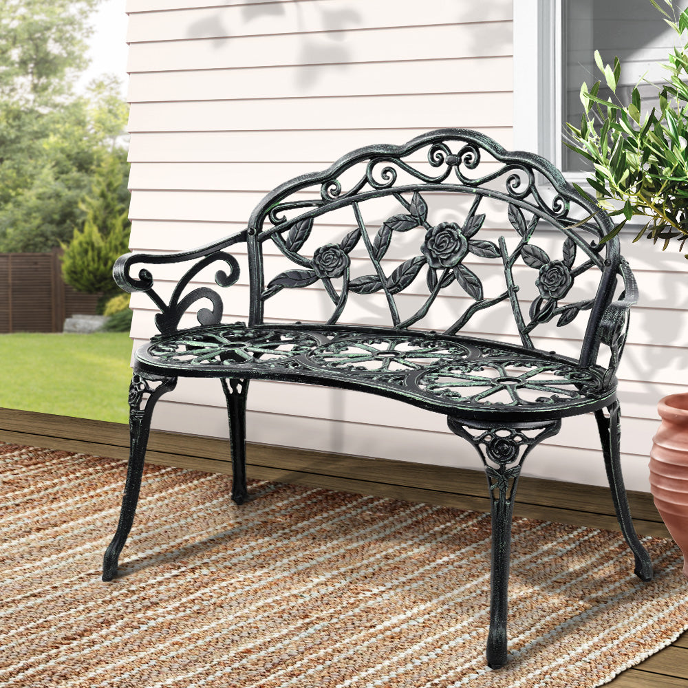 Outdoor Chairs: Gardeon Outdoor Garden Bench Seat 100cm Cast Aluminium Patio Chair Vintage Green